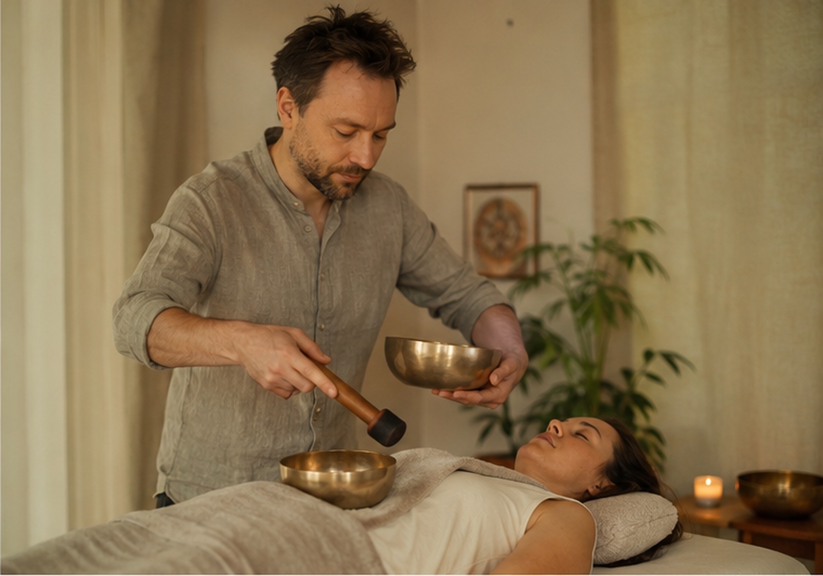 Klangmassage med klangsk&aring;le under en rolig behandling